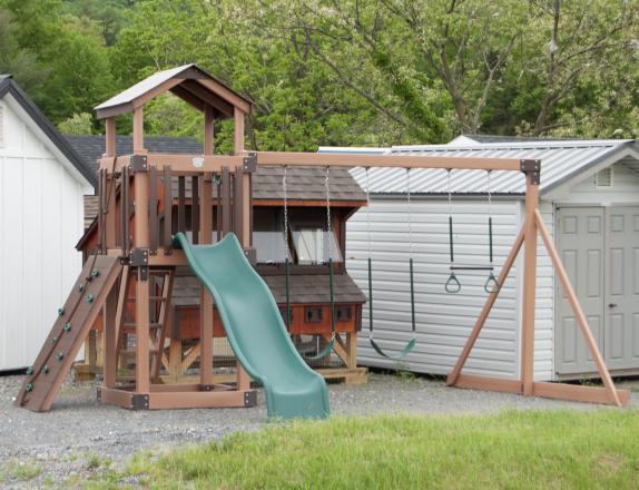 Busy Base Camp Play Set in Woodgrain Brown Vinyl with Green Slides and Swings