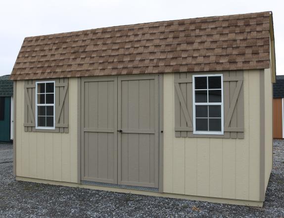 Pine Creek 10x16 HD Dutch Barn with Beige walls, PC Clay trim and PC Clay shutters, and Shakewood shingles